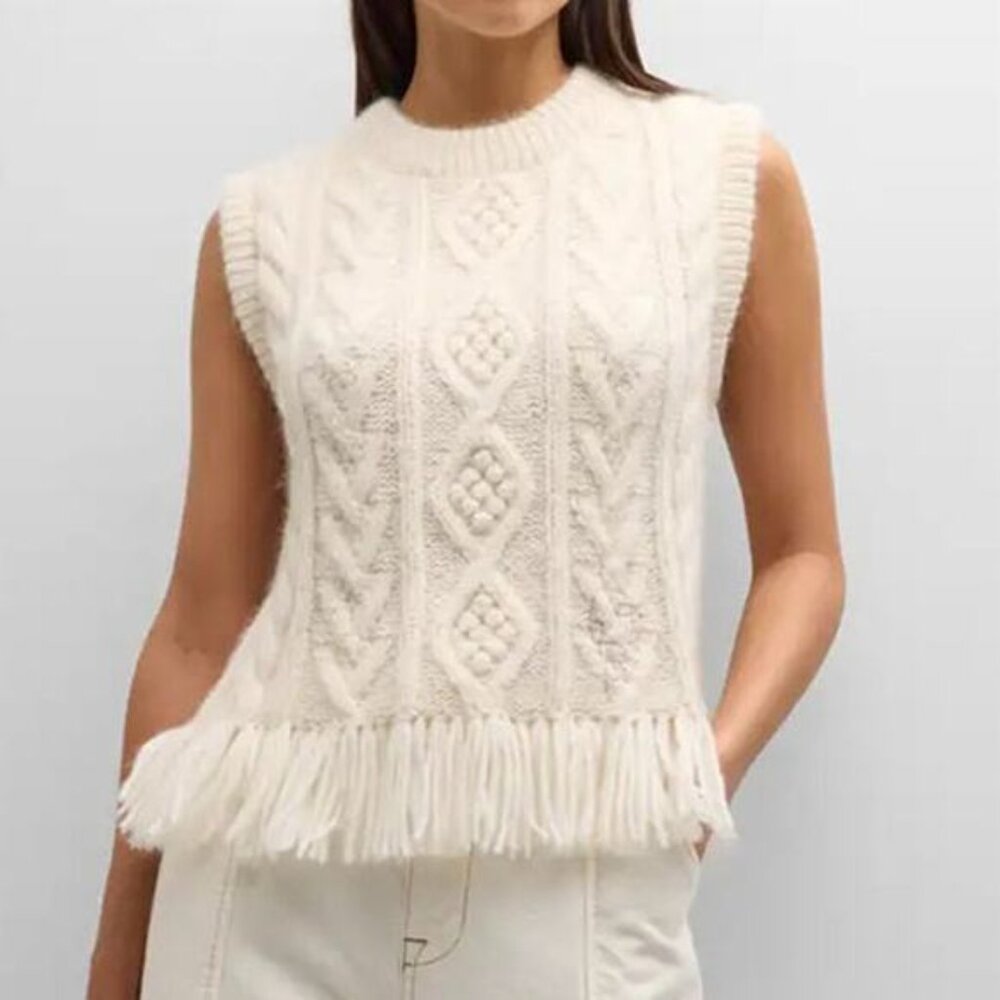 NWT Lingua Franca Mavis Fringe Knit Crew Neck Sleeveless Vest Cream Size: Small - Picture 8 of 8